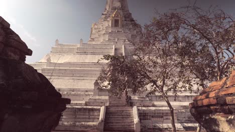 a tilt establishing shot of the spectacular wat phy khao thong, one of the many beautiful temples in the ancient historical city of ayutthaya in thailand