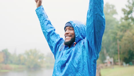 outdoor, black man and open arms with fitness