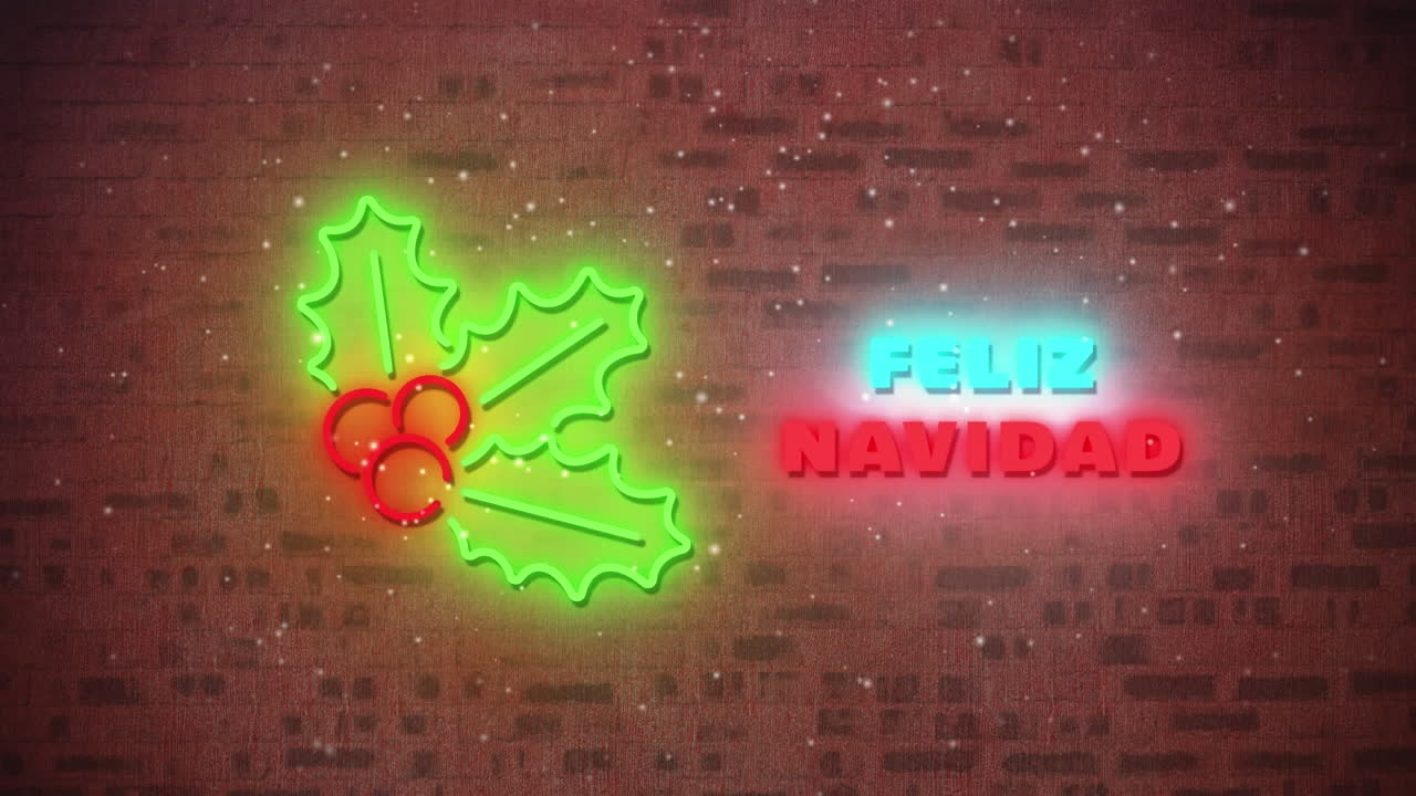 animación de neón temporadas de navidad saludos en español y decoraciones sobre la pared de ladrillo