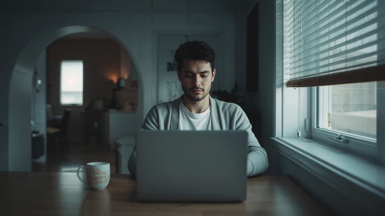 Glancing down at keyboard, man in sweater leaning toward laptop at home by blinds engaging camera