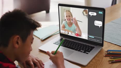 schoolboy using laptop for online lesson at home, with school friend and web chat on screen
