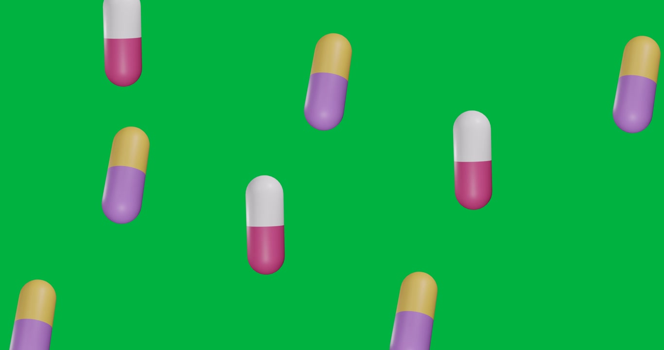 Animazione di pillole multicolori che si muovono su sfondo trasparente.