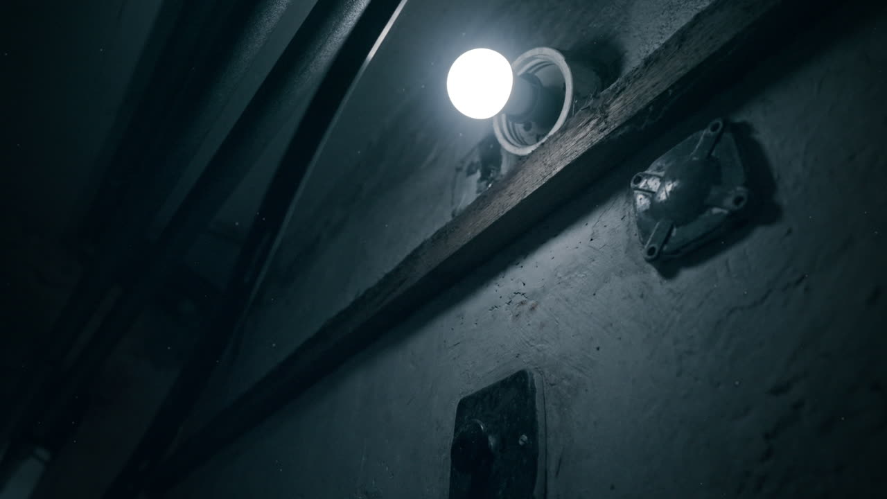 Bare light source flashes against rough interior in cold blue tone. Stark atmosphere ideal for interrogation, captivity, or crime settings