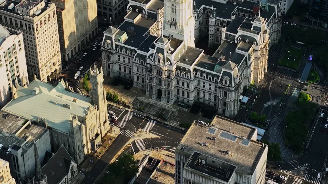 Bird's eye view of Philadelphia showing architecture and city streets