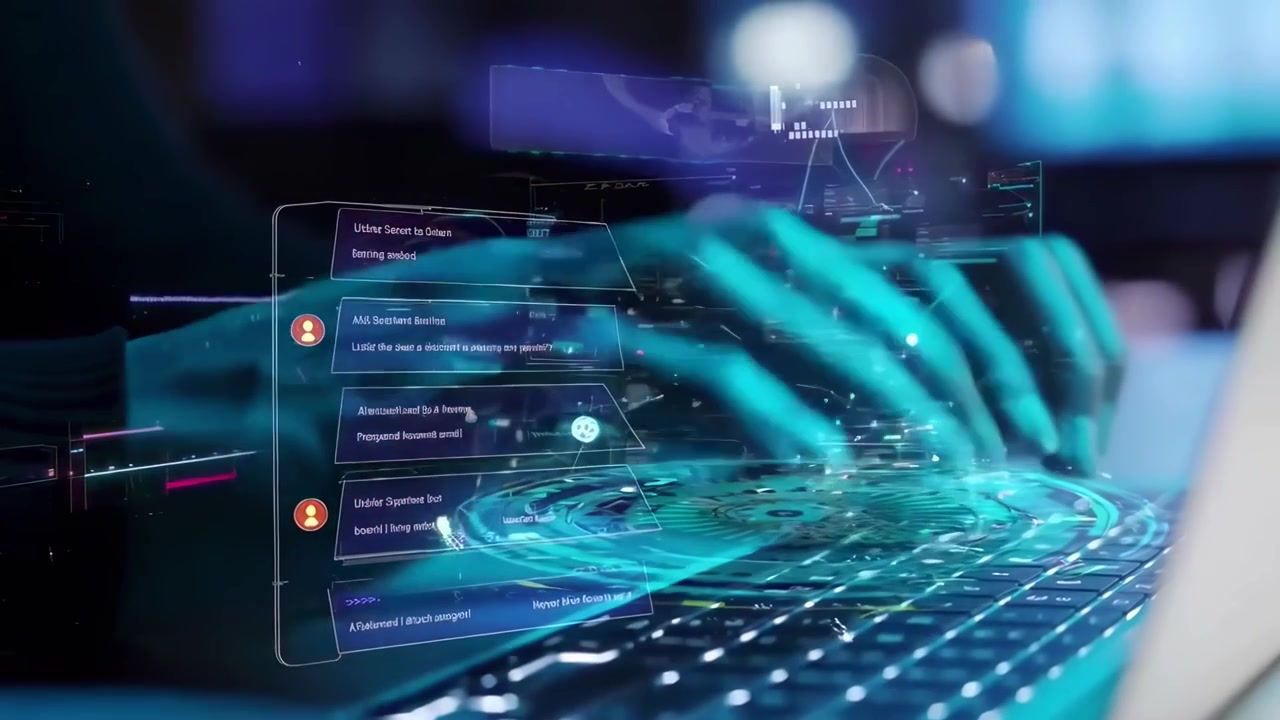 Person Typing on Laptop with Futuristic Holographic Data Interface