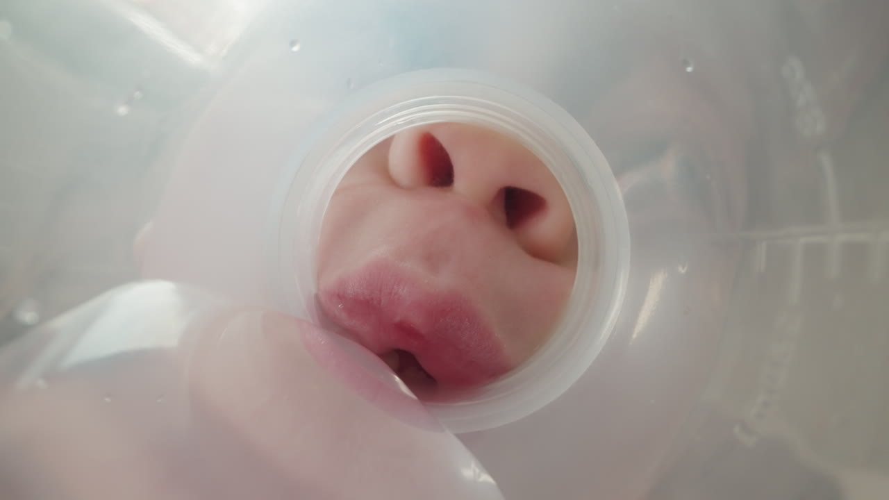 Toothless girl drinks water from bottle neck in small sips