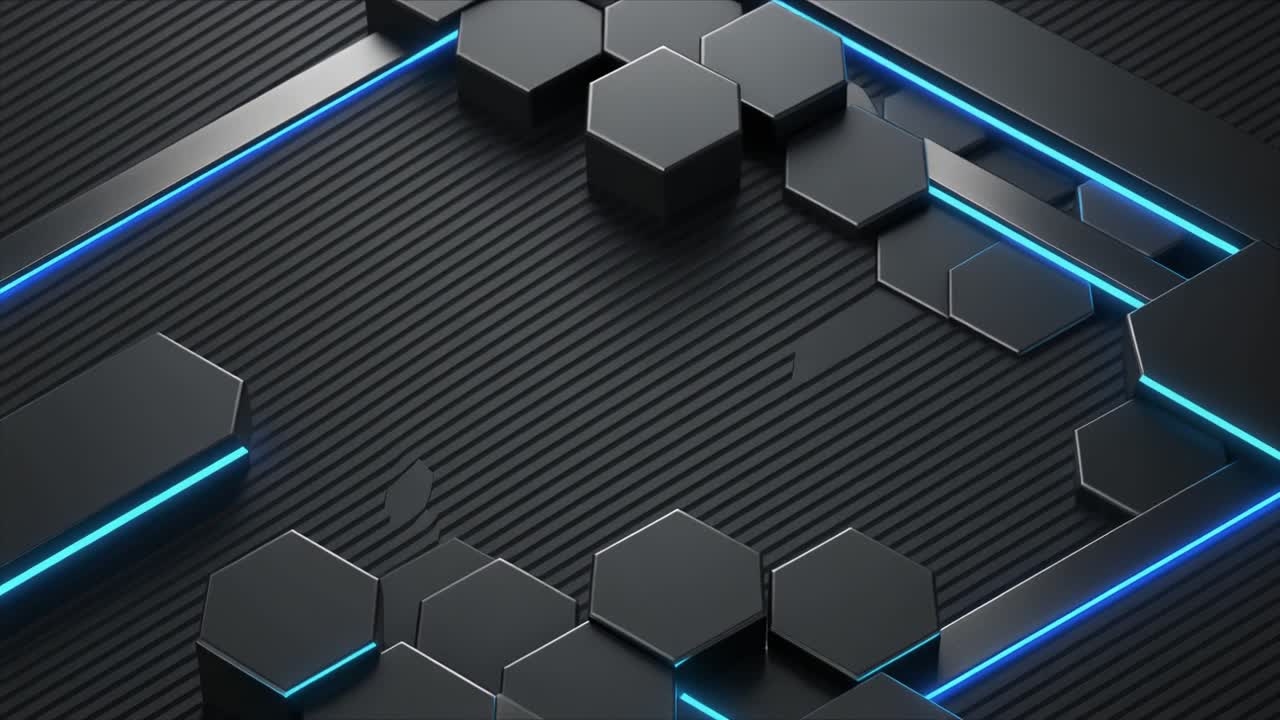 Abstract Dark Background with Moving Hexagons and Blue Neon Lights