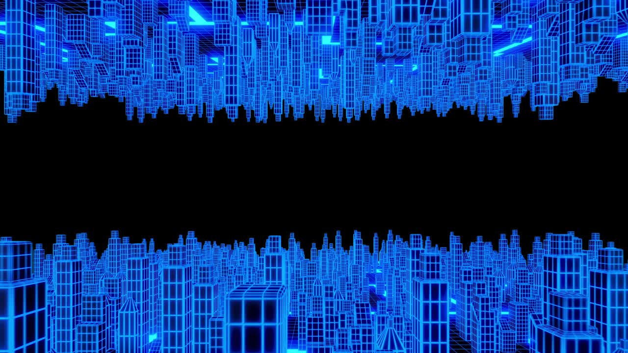 3d ルーピングモーショングラフィック - 黒い背景の都市景観の青い光の抽象化とアルファチャネルセクションのレンダリング