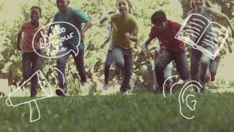 animación de iconos de artículos escolares sobre diversos escolares corriendo en el parque