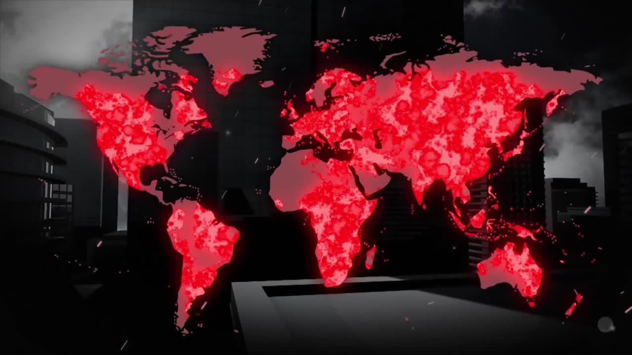 animación de un mapa del mundo con covid-19 sobre un paisaje urbano en el fondo.