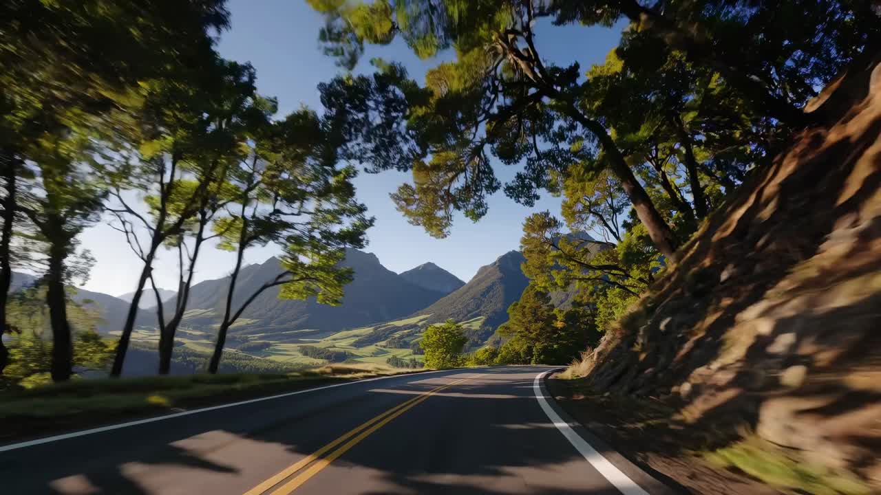 Dynamic video captures a scenic road lined with lush trees from a low-angle perspective