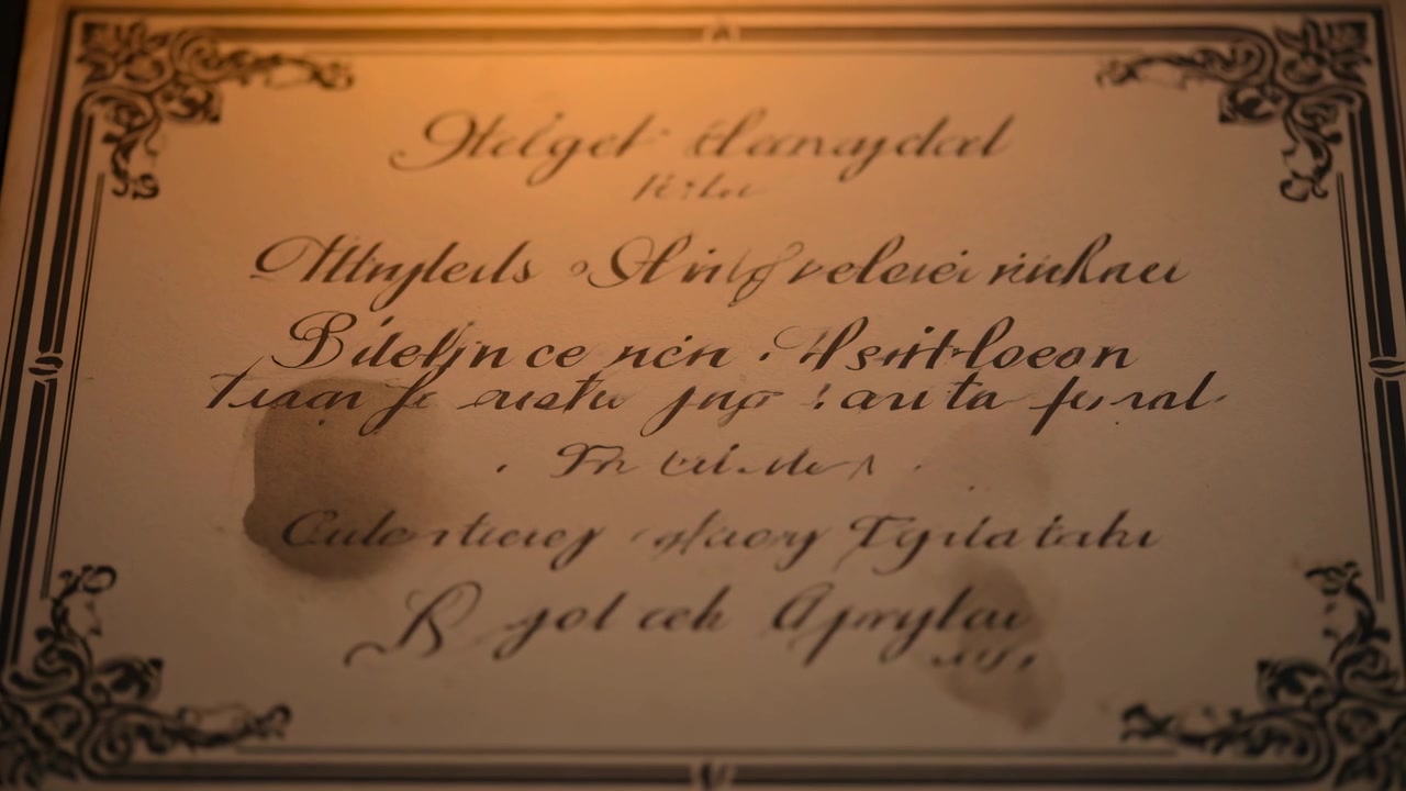 Regolazione della messa a fuoco e dell'esposizione della fotocamera su un documento ornato sulla scrivania, rivelando la scrittura e le macchie.
