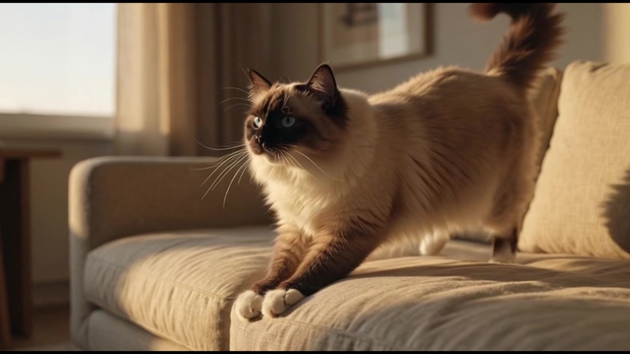 Gatto Ragdoll che si stira e miagola su un comodo divano