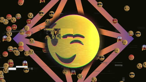 animación de interferencia sobre iconos y formas de emoji en fondo negro