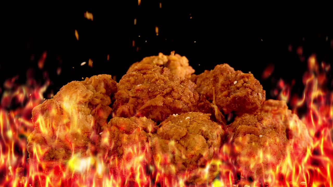Crispy fried chicken pieces appear above intense animated flames, with dynamic fire movement and embers, set against a dramatic black background