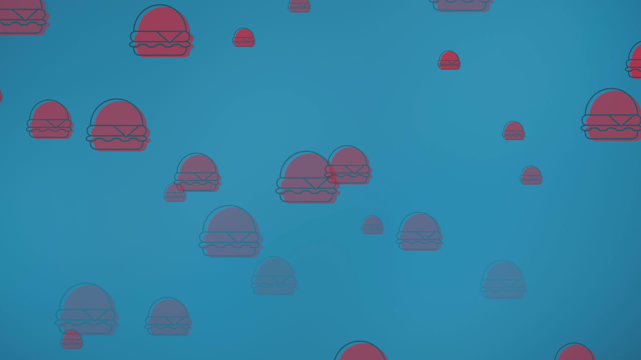 animación de varias hamburguesas rojas flotando sobre un fondo azul