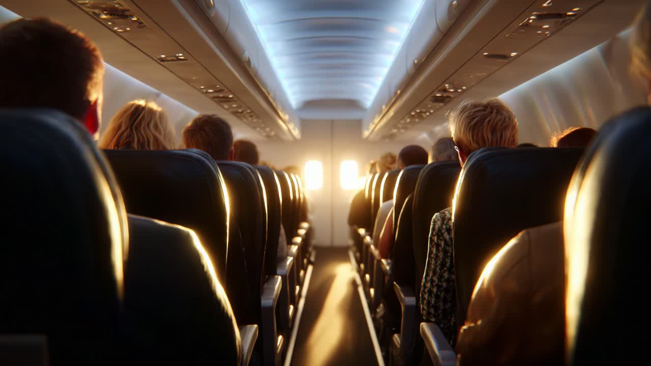 Passengers in an Airplane Cabin Enjoying a Scenic Sunset View Through the Windows, with Warm Lighting Illuminating the Interior, Creating a Calming and Inviting Atmosphere During Flight