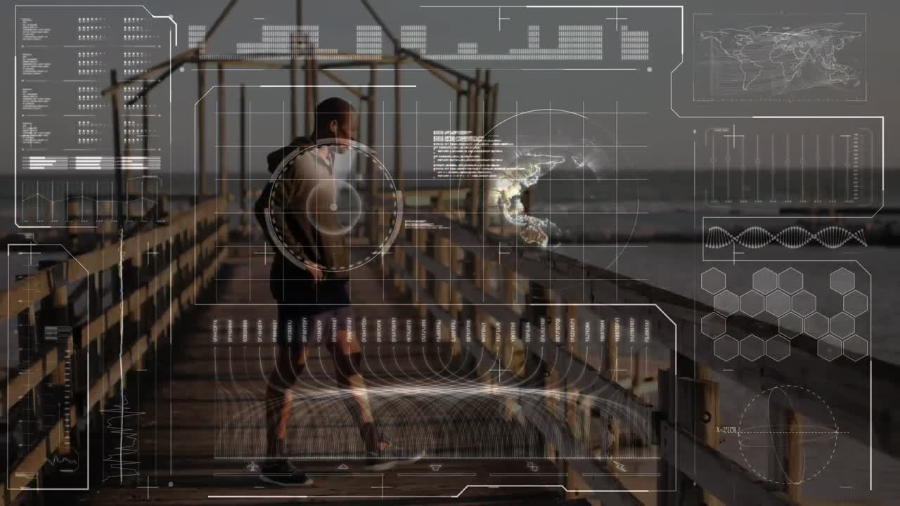 해변에서  ⁇ 고 있는 건강한 남자에 대한 데이터 처리 애니메이션