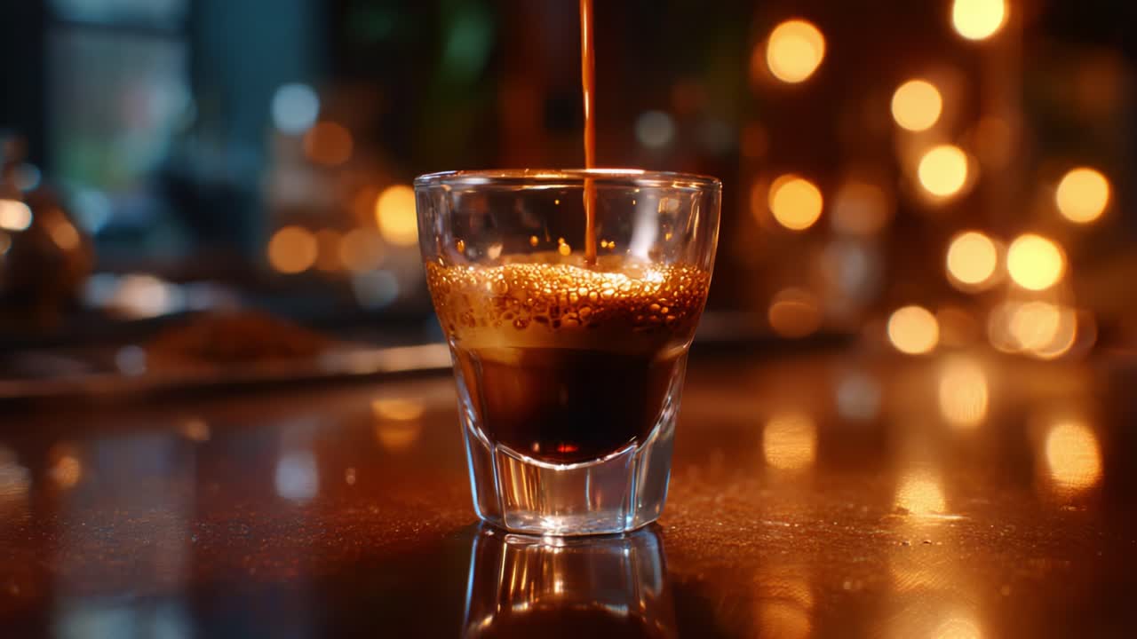 Un accattivante primo piano di un bicchiere che si riempie di espresso intenso, che cattura i colori e le texture intense del caffè erogato in un'atmosfera calda e invitante