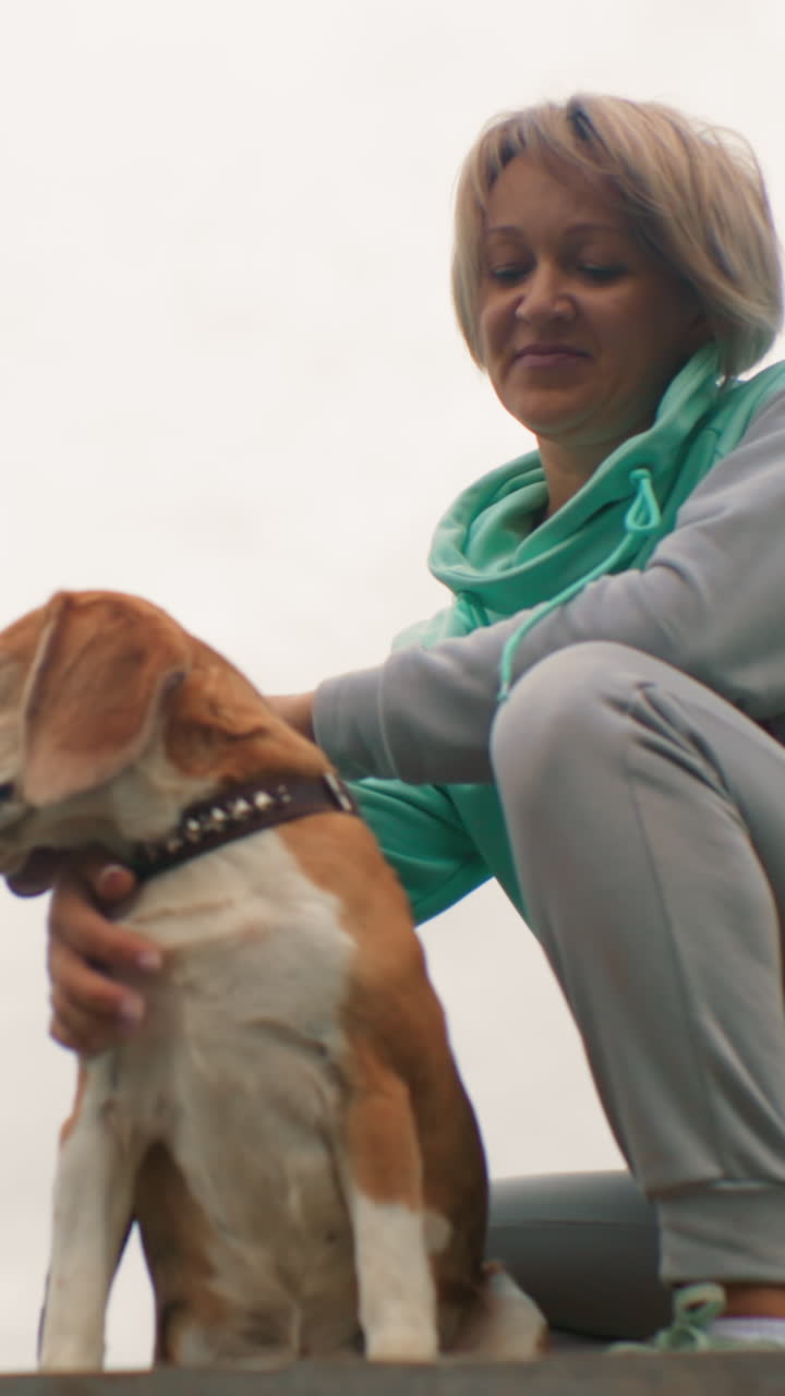 Gentle woman supports loyal beagle, Serene woman gently caresses her peaceful beagle on bench, Caring woman softly comforts her tranquil beagle with tender touch and protective embrace