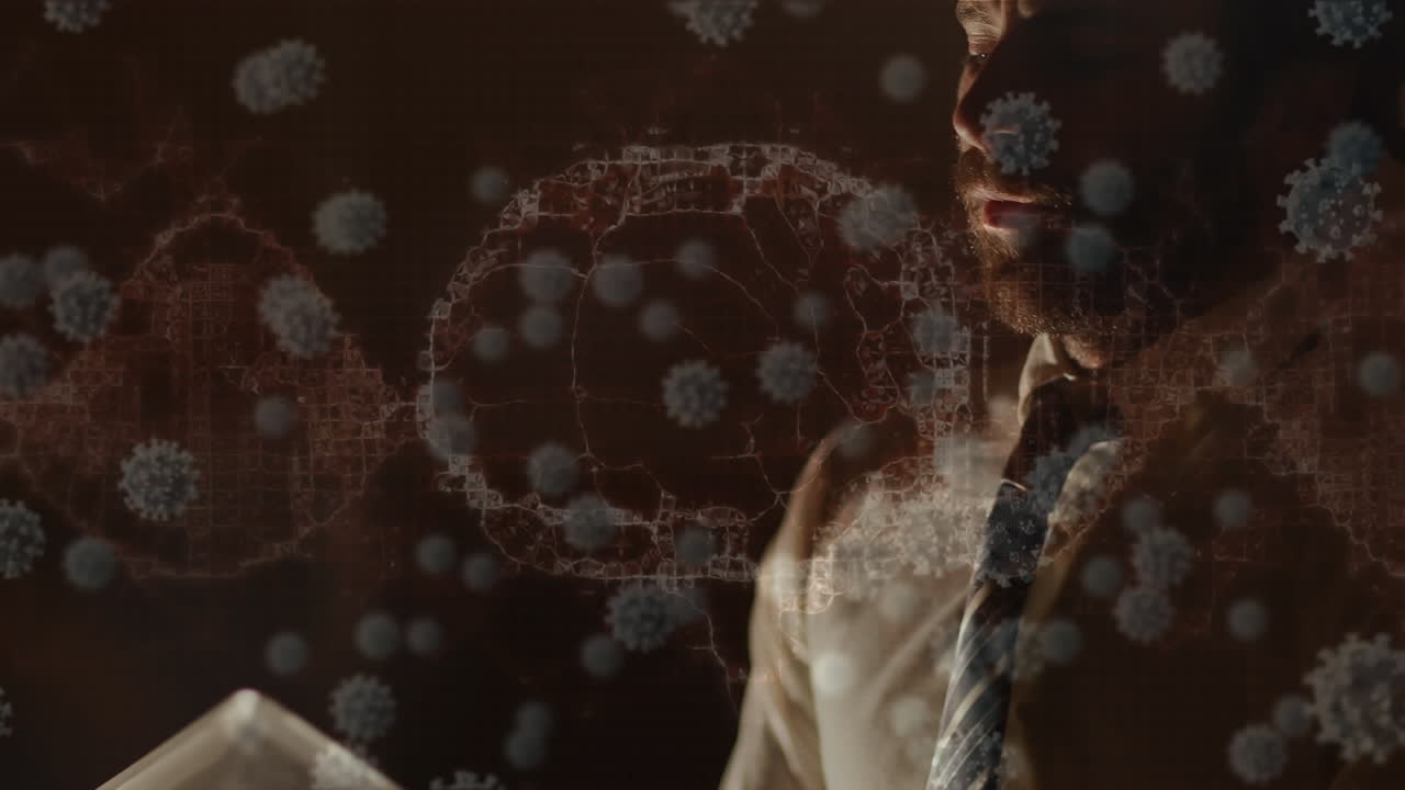 바이러스에 감염된 세포와 인간의 뇌의 애니메이션 백인 사업가가 파일 어리를 들고 있습니다.