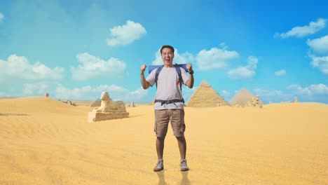 excited traveler in the egyptian desert