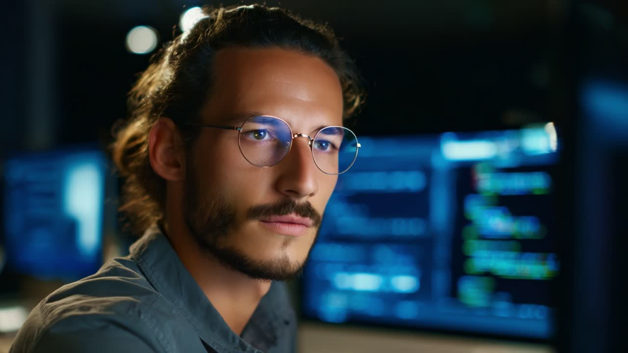 Focused Software Developer Analyzing Code Behind Computer Screens in a Dimly Lit Workspace, Showcasing Layers of Information and Intense Concentration