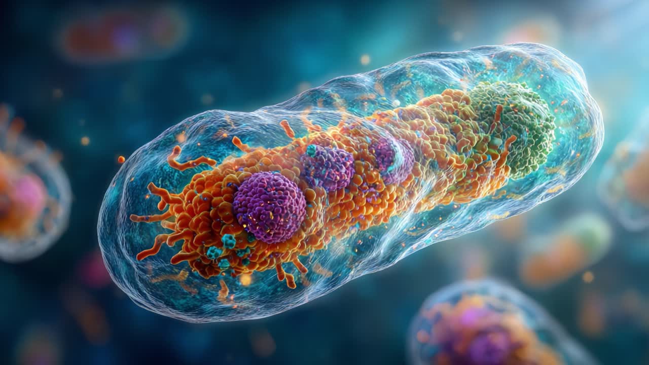 Un'illustrazione vibrante di batteri: esplorando la struttura complessa e le caratteristiche colorate dei microrganismi a livello molecolare.