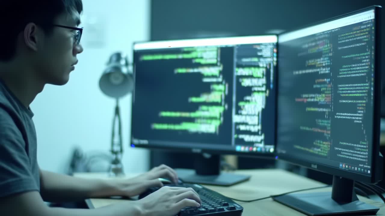 Focused Programmer Engaged in Coding at Dual Monitor Setup, Environment Highlighting Modern Technology and Software Development Process for Enhanced Productivity