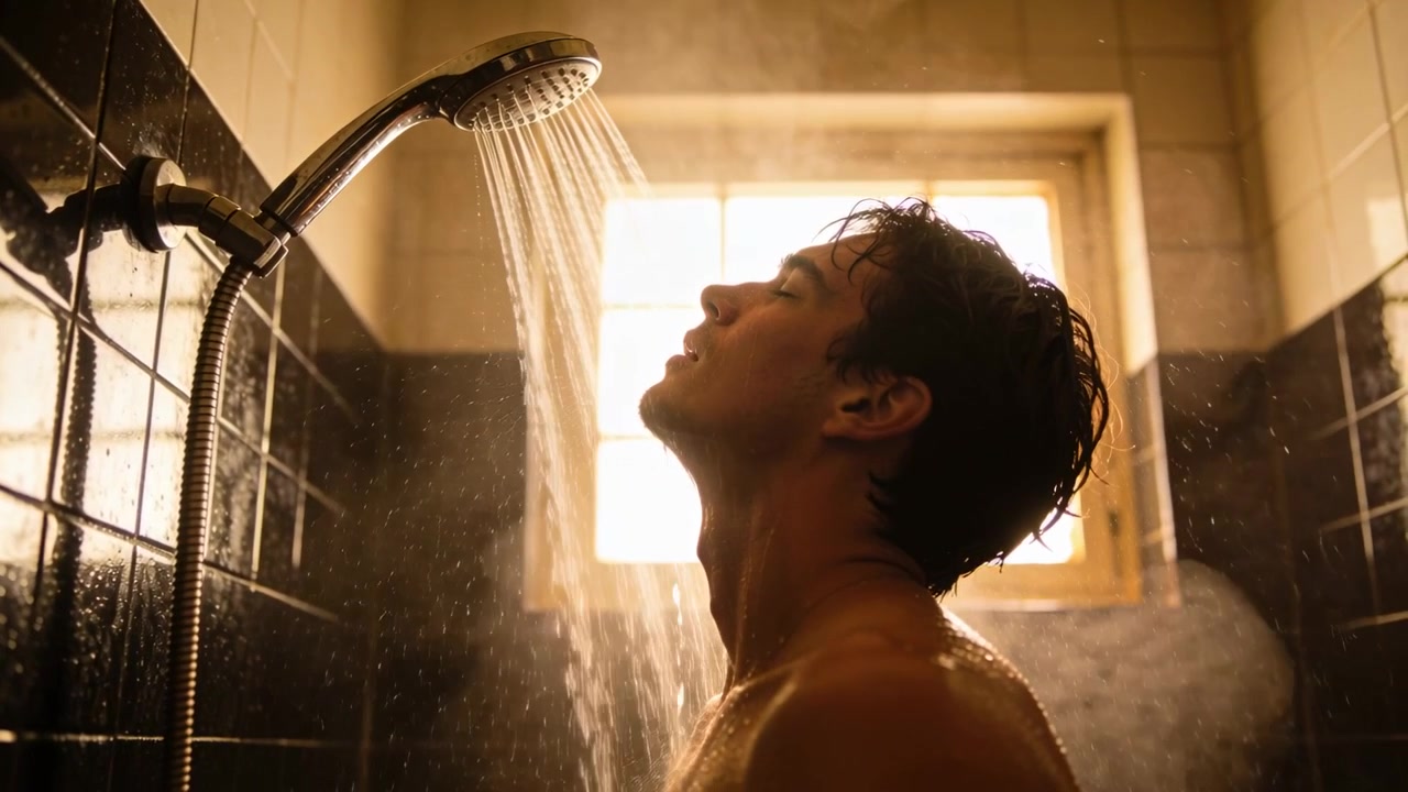 Stehender Mann ohne Hemd spült sich das Gesicht unter dem Duschkopf in einer gefliesten Dusche, mit laufendem Wasser zur Beruhigung.