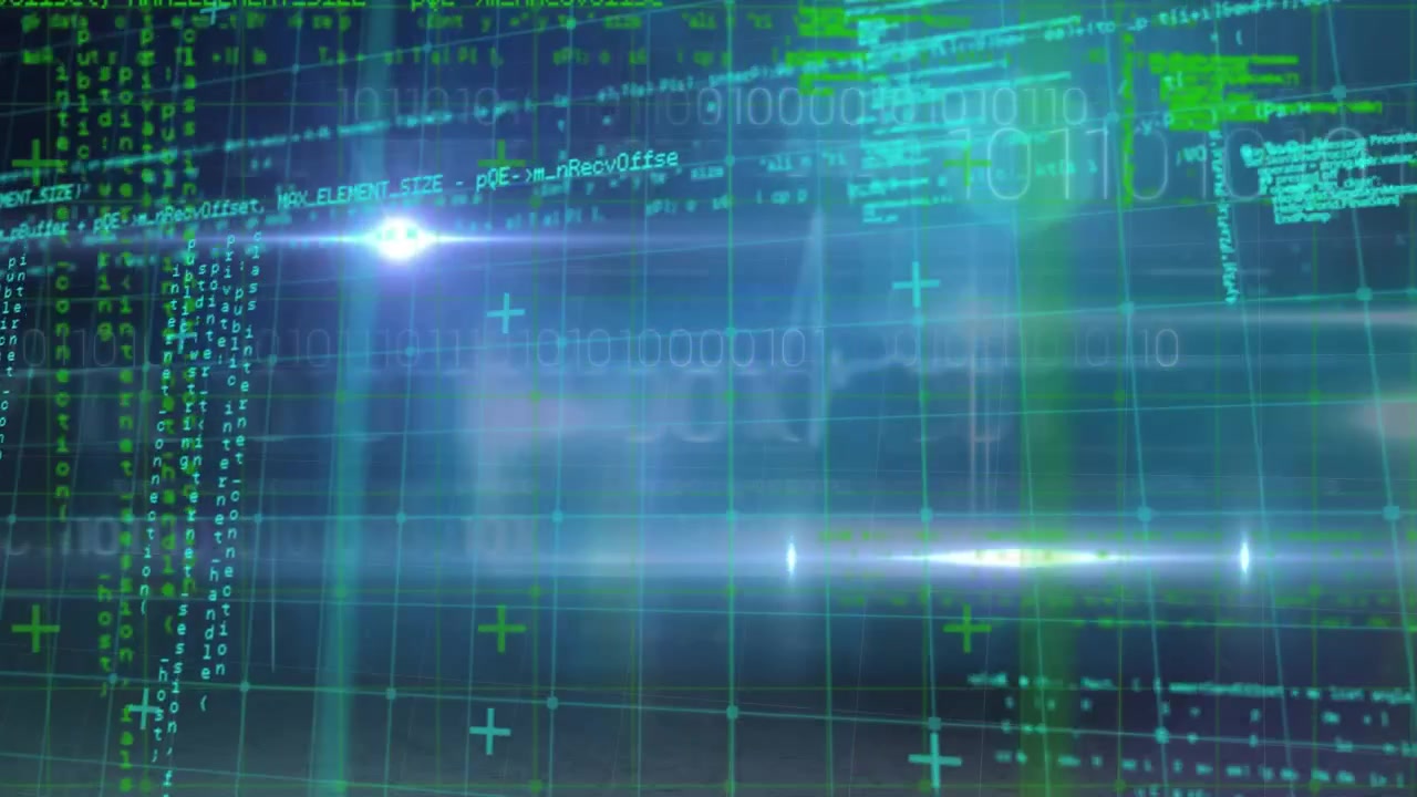 Animazione di connessioni di microprocessori e scie luminose su sfondo verde.