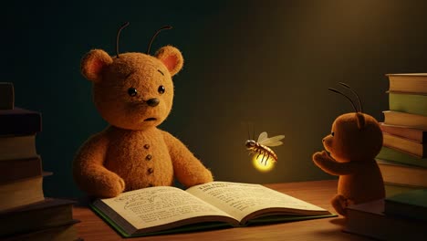 a curious teddy bear and a mysterious firefly share an enchanting moment of discovery while reading together in a cozy library setting