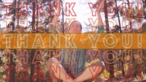 animación de texto de agradecimiento en repetición con raya naranja sobre mujer practicando yoga