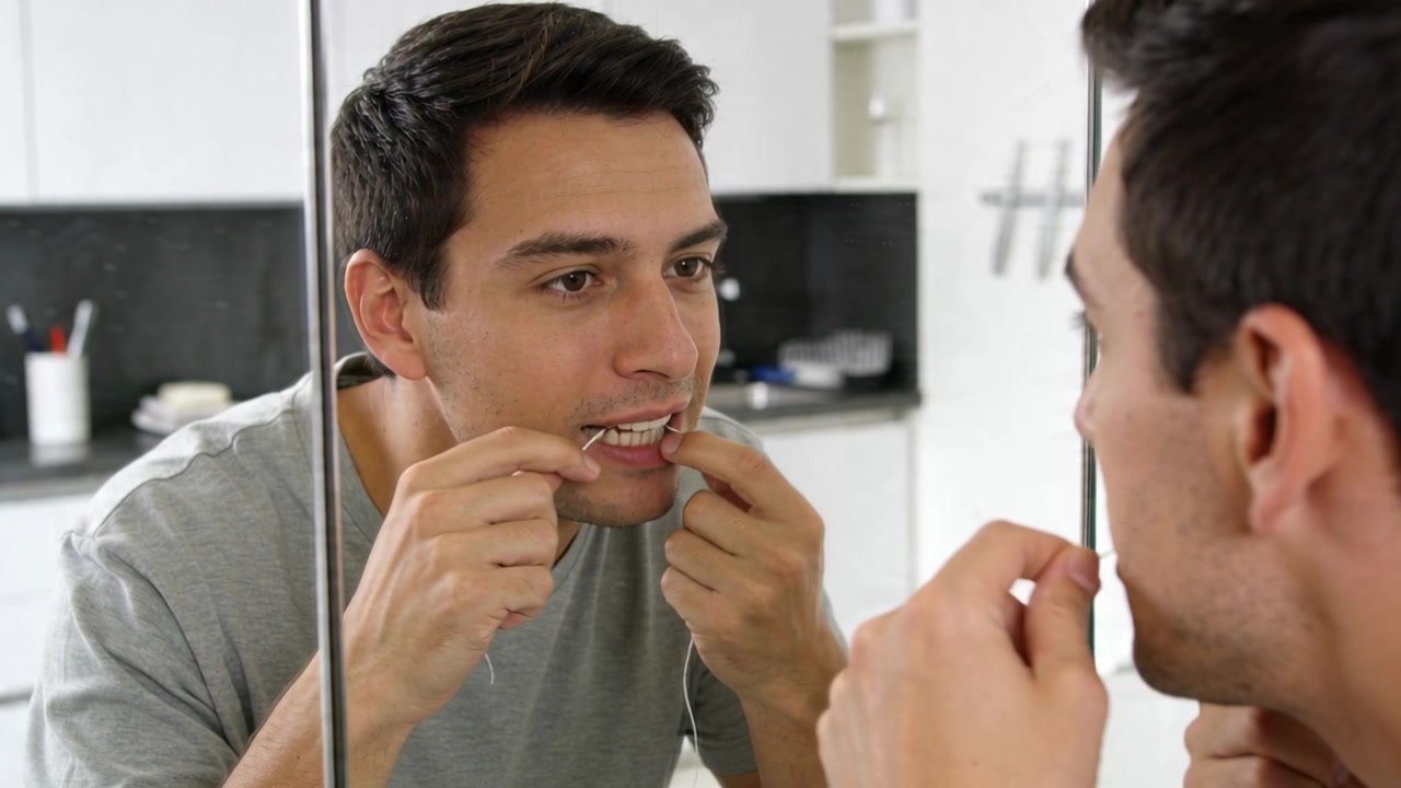 Uomo in maglietta grigia chinato verso lo specchio, usa il filo interdentale al lavandino del bagno, ispezionando la bocca.