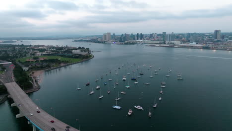 Coronado-island-marina-near-Coronado-bridge-with-beautiful-San-Diego-downtown-in-the-background