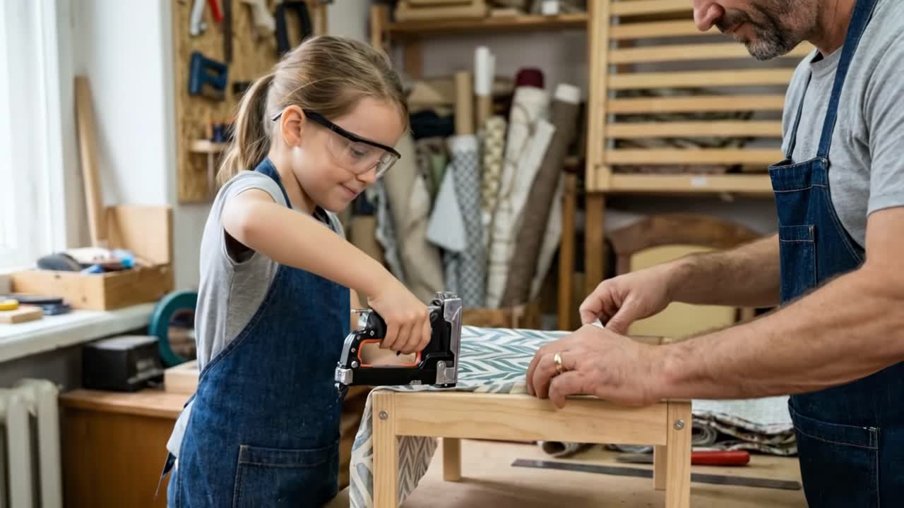 Giovane ragazza che impara il lavoro di tappezzeria con il padre nel laboratorio