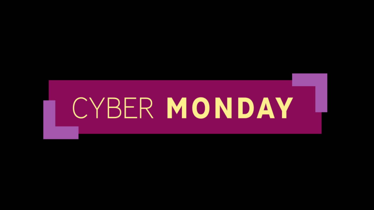 texto amarillo y púrpura de cyber monday que aparece contra una pantalla negra