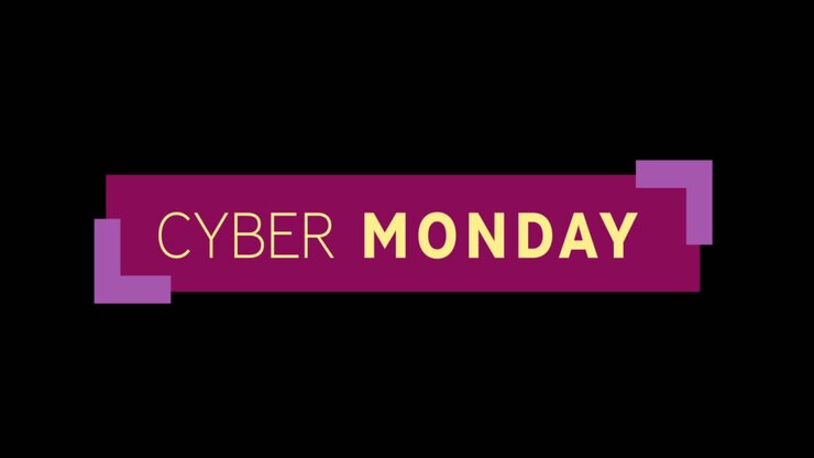 Yellow and purple Cyber Monday text appearing against a black screen
