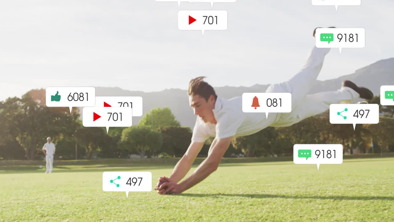 카우카스 남성 크리켓 선수에 대한 아이콘 및 데이터 처리의 애니메이션