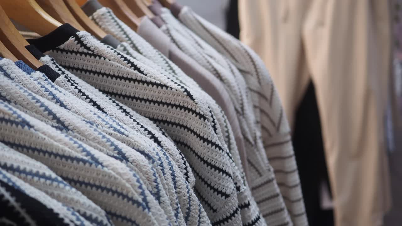 A rack of various patterned sweaters on hangers in a store