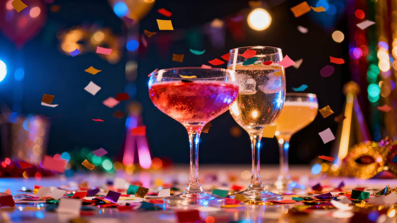 Coriandoli che cadono e fluttuano su tre bicchieri con bevande rosa, dorate e arancioni su un tavolo da festa, effervescenti.