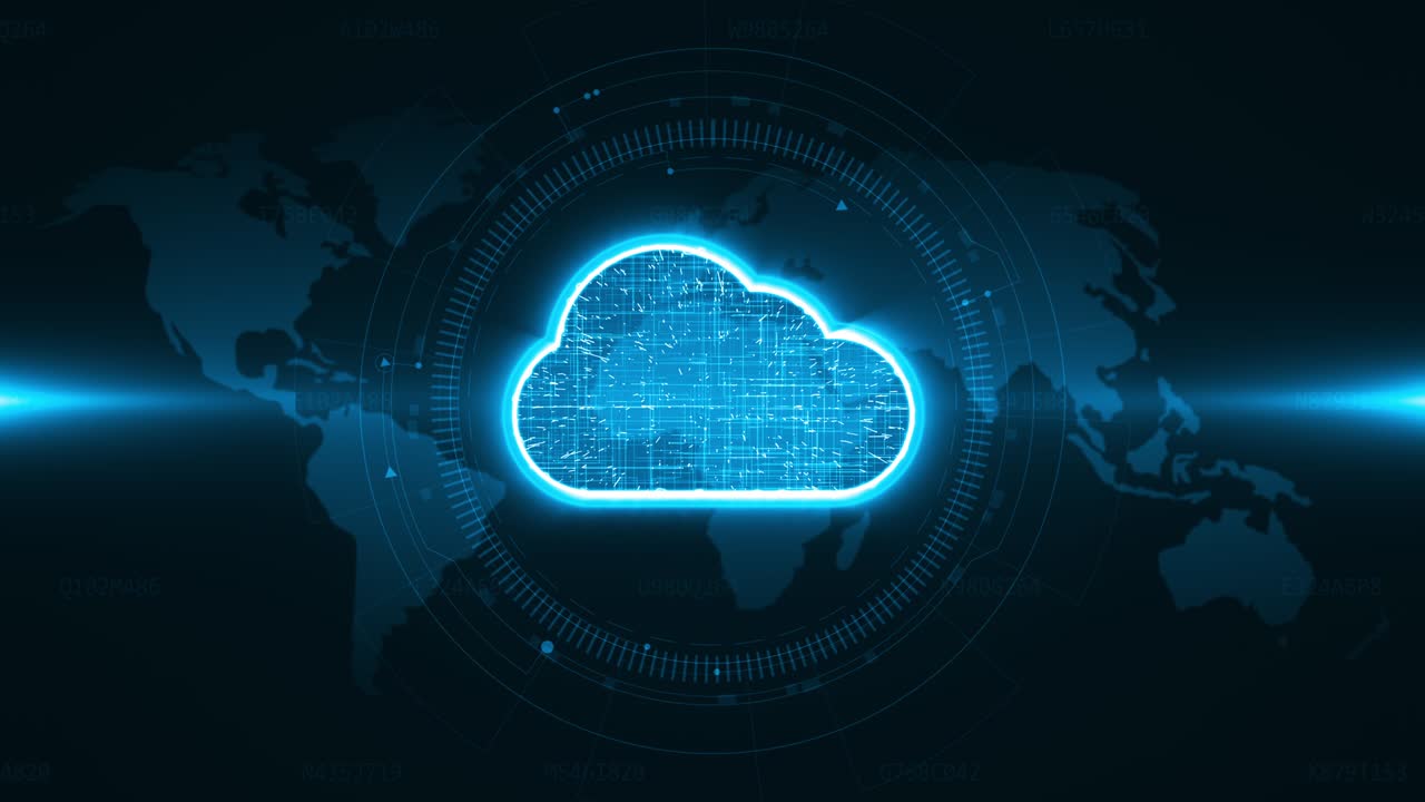 gráfico de movimiento del icono de almacenamiento de nube azul con pantalla de cabeza hacia arriba ( hud ui ) interfaz de tecnología y elementos futuristas en el fondo del mapa de la tierra