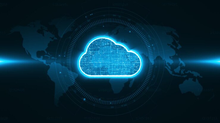Motion graphic of Blue cloud storage icon with head up display ( HUD UI ) technology interface and futuristic elements on earth map background