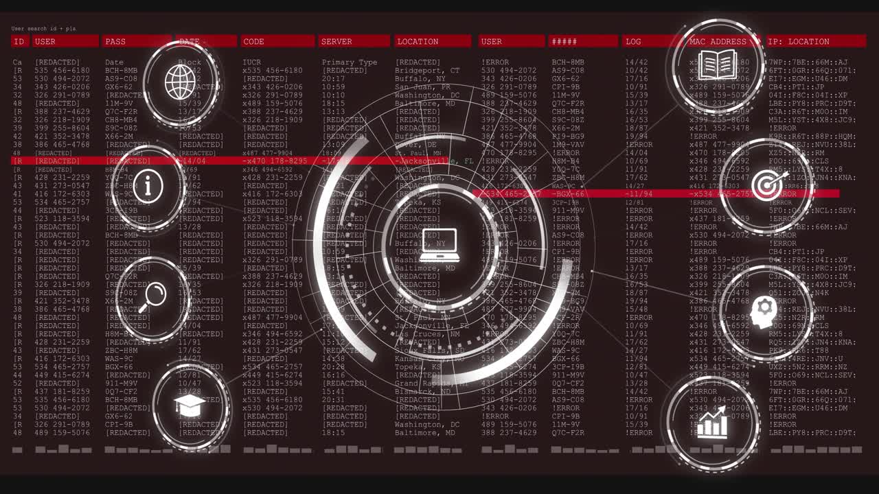 Red scan line starting central ringed HUD, rotating rings and pulsing links highlighting data view