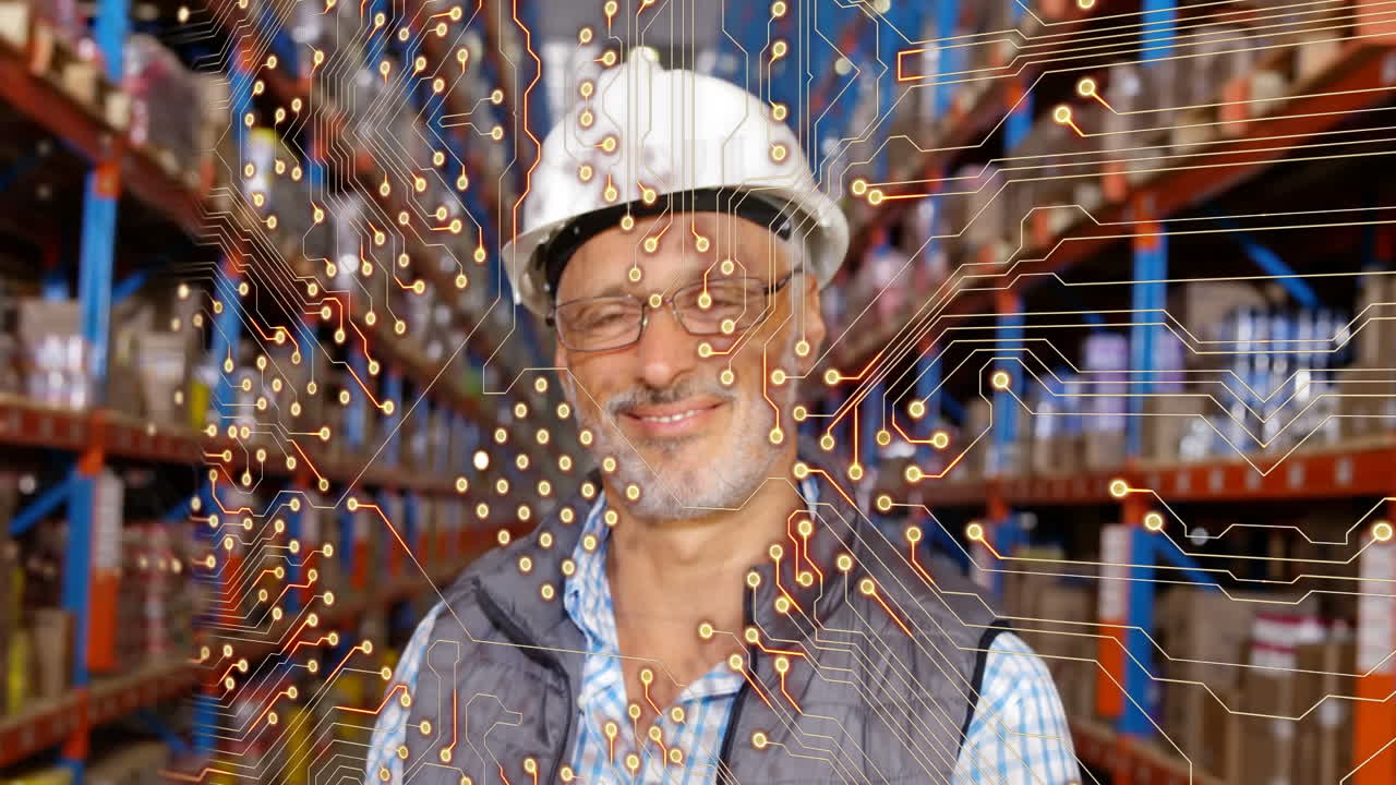 animación del procesamiento de datos sobre el hombre que trabaja en el almacén