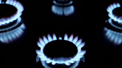 natural gas burning from a kitchen gas stove. blue flame on black background. turning on the cooktop gas cooker, close up