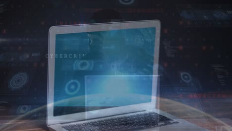 animación del procesamiento de datos y ámbitos sobre portátil, hacker y globo