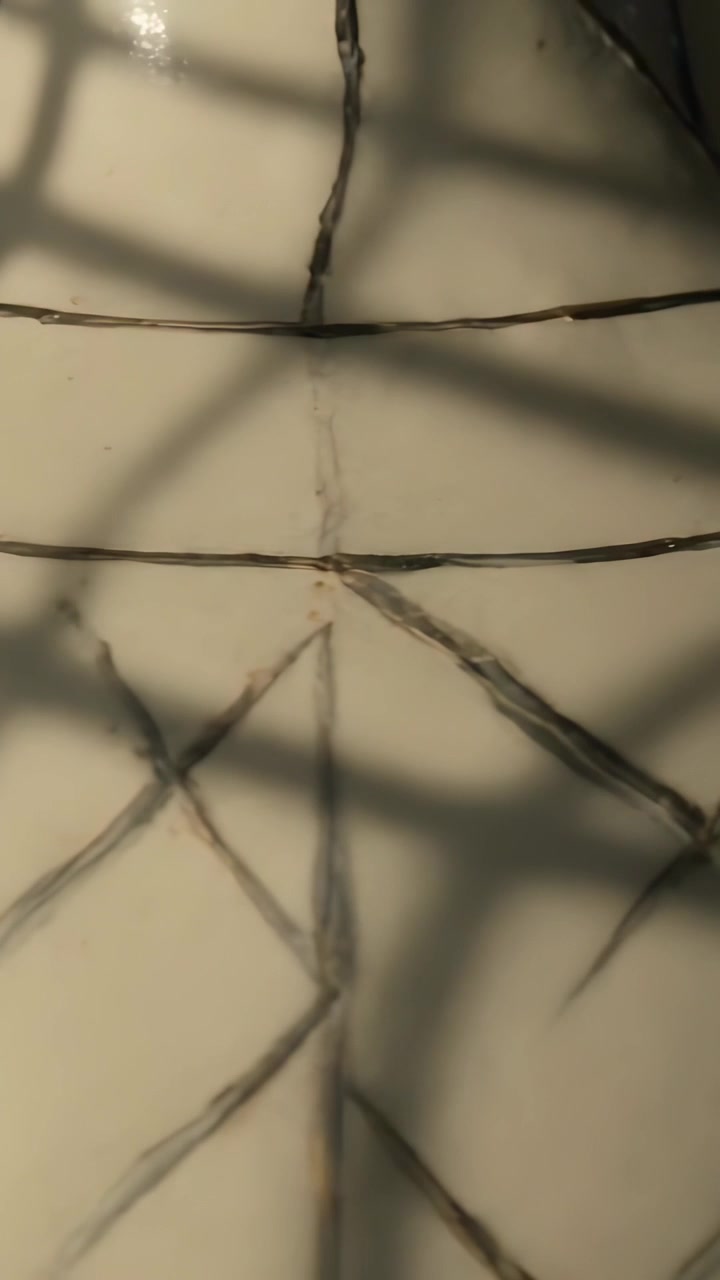 Vertical video: Sweeping shot showing glazed tile on floor, dark cracks, grout lines, grid shadow