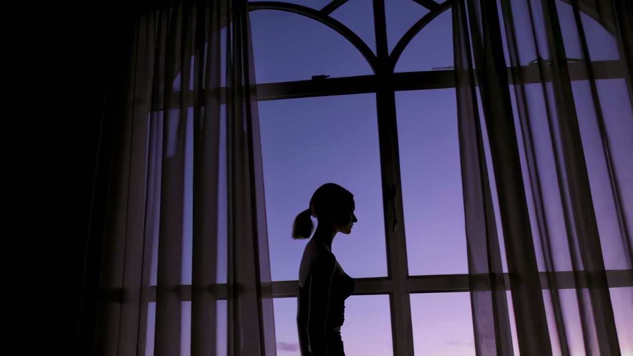 해가 지는 창문에서 여자의 실루