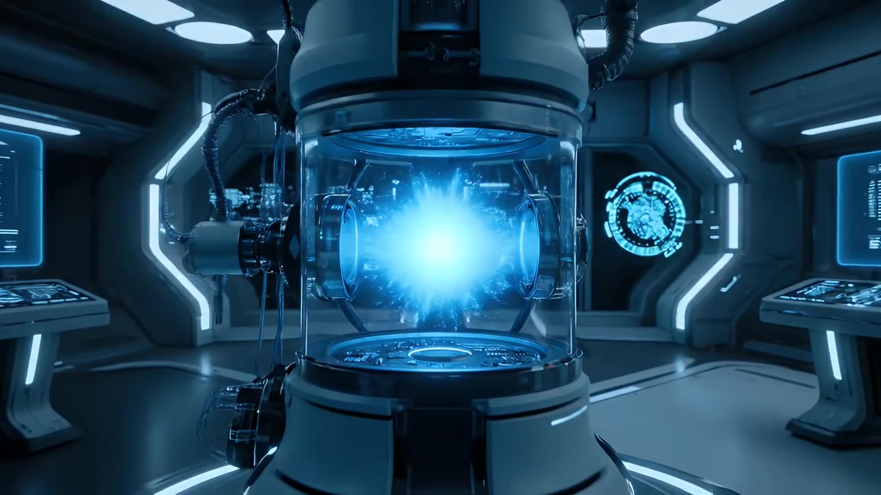 Nucleo energetico futuristico luminoso in un laboratorio scientifico avanzato